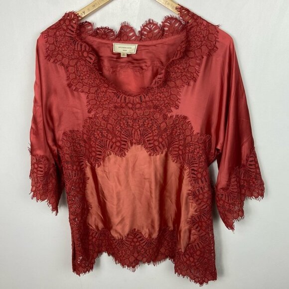 Anthropologie Moulinette Soeurs Satin Lace V-Neck Blouse Size XS Red Bohemian - Picture 10 of 11